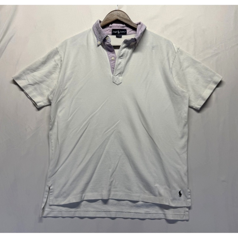 Ralph Lauren Polo Shirt Mens Large White Contrast Collar Cotton Logo Golf Tennis